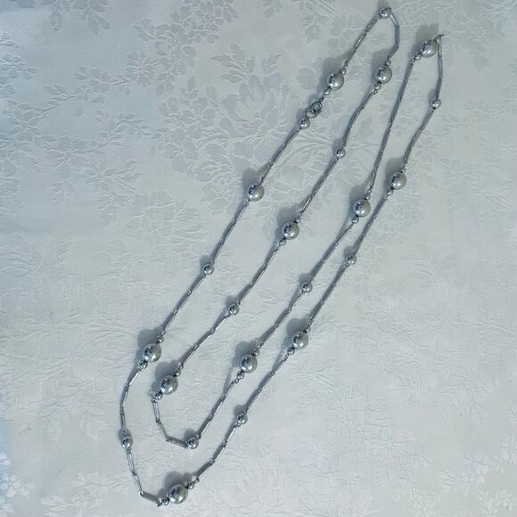 Vintage Silver Tone Bead Ball Link Long / Layered Chain Necklace, Sphere Fashion - Picture 11 of 12